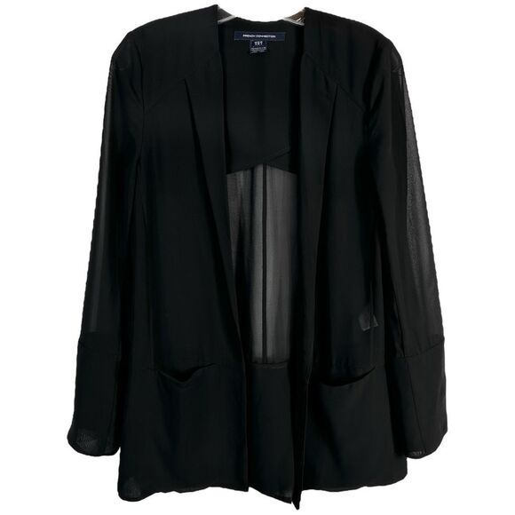 French Connection Size 2 Blazer‎ Jacket Shrug Semi Sheer Black Open Chiffon 1286 - Picture 1 of 11